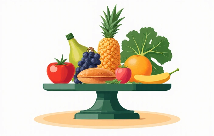 Grafika przedstawiająca zrównoważoną dietę z różnorodnymi produktami spożywczymi, symbolizującymi zdrowie i równowagę.