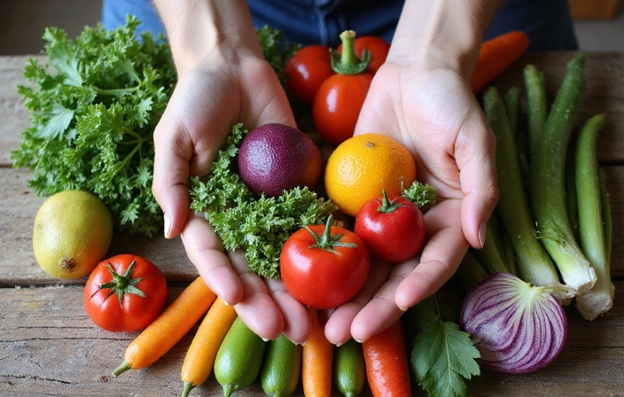 Ręce układające różnorodne, świeże warzywa i owoce w kształt serca na drewnianym stole, symbolizujące zdrowie i miłość do jedzenia.