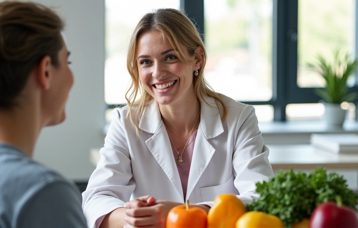 Uśmiechnięta dietetyczka prowadząca konsultację z klientką w nowoczesnym biurze, z widocznymi świeżymi owocami i warzywami na stole.