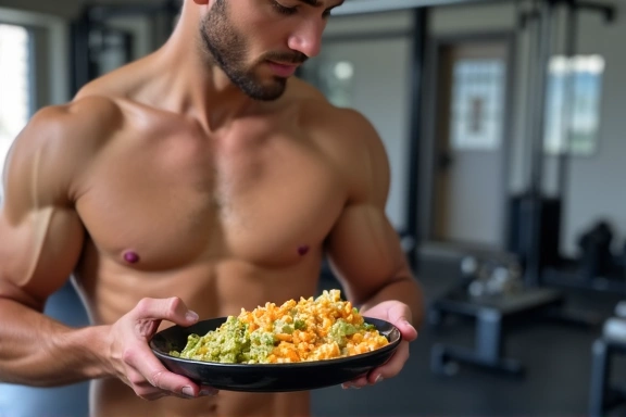 Sportowiec spożywający posiłek bogaty w białko i węglowodany po treningu, symbolizujący dietę dla sportowców.